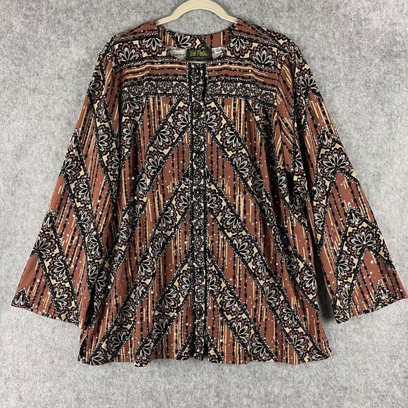 Bob Mackie Jersey Top Womens XL Brown Printed Sequins Button Front Stretch Artsy - Picture 1 of 16